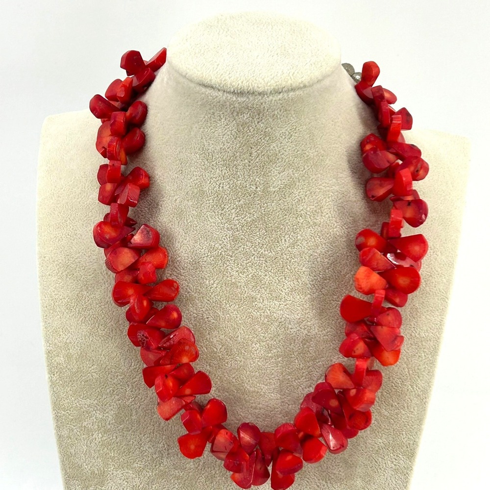 Red Coral Chunky Statement Necklace Tear Drop Petal Natural Stone Bead Bold 20"